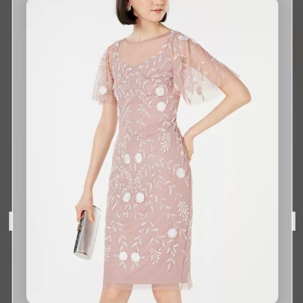 Adrianna Papell Embellished Flutter-Sleeve Sheath Dress in Dusted Petal/Ivory - Picture 4 of 13